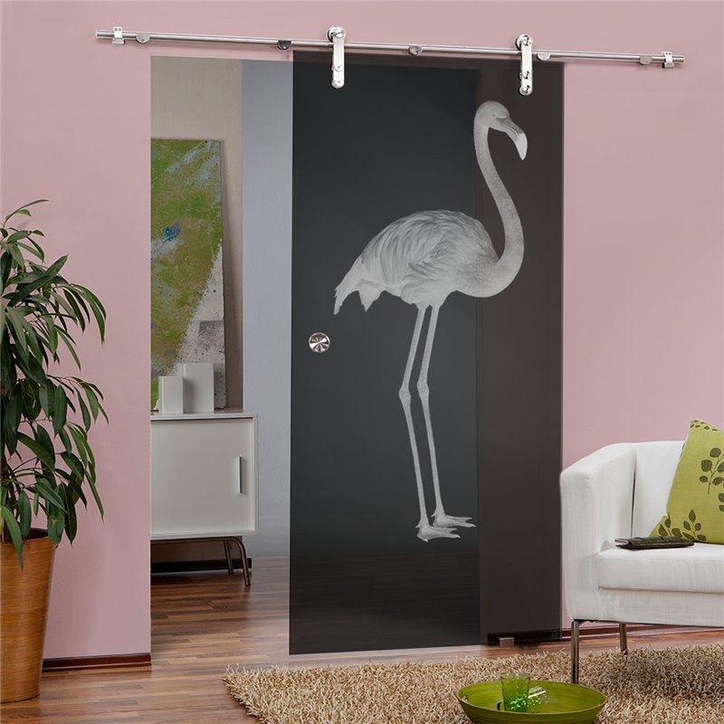 Glasschiebetür PIPE-LINE Flamingo Gelasert Auf Grauglas Glasschiebetür PIPE-LINE Flamingo Gelasert Auf Grauglas