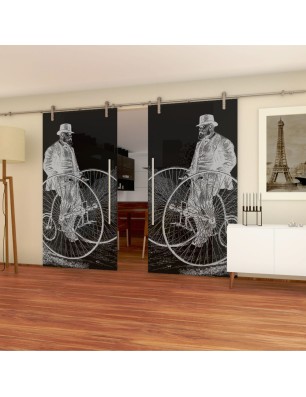 Glasschiebetür PIPE-LINE Vintage Bike Gelasert Auf Grauglas
