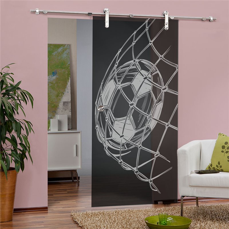 Glasschiebetür PIPE-LINE Fussball Gelasert Auf Grauglas Glasschiebetür PIPE-LINE Fussball Gelasert Auf Grauglas