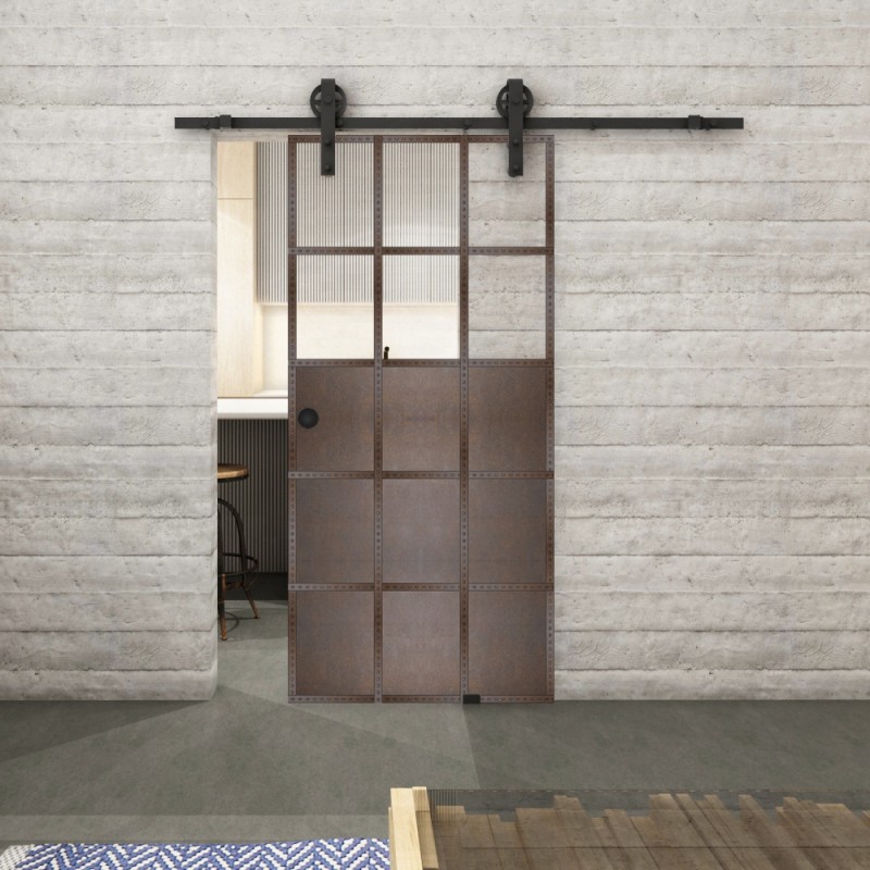 Glasschiebetür BARN-LINE Loft Rosteisen Genietet 21 Auf Klarglas Glasschiebetür BARN-LINE Loft Rosteisen Genietet 21 Auf Klarglas