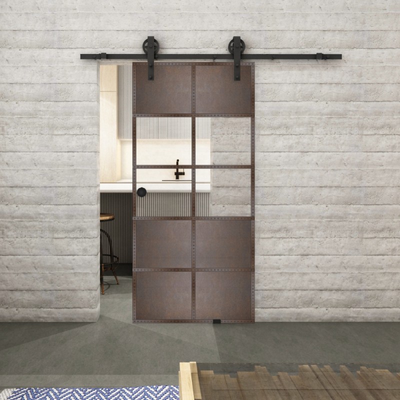 Glasschiebetür BARN-LINE Loft Rosteisen Genietet 28 Auf Klarglas Glasschiebetür BARN-LINE Loft Rosteisen Genietet 28 Auf Klarglas
