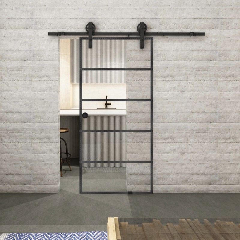 Glasschiebetür BARN-LINE Loft Schwarzeisen Genietet 01 Auf Klarglas Glasschiebetür BARN-LINE Loft Schwarzeisen Genietet 01 Auf Klarglas