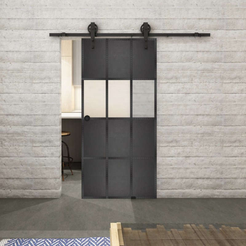 Glasschiebetür BARN-LINE Loft Schwarzeisen Genietet 32 Blickdicht Glasschiebetür BARN-LINE Loft Schwarzeisen Genietet 32 Blickdicht