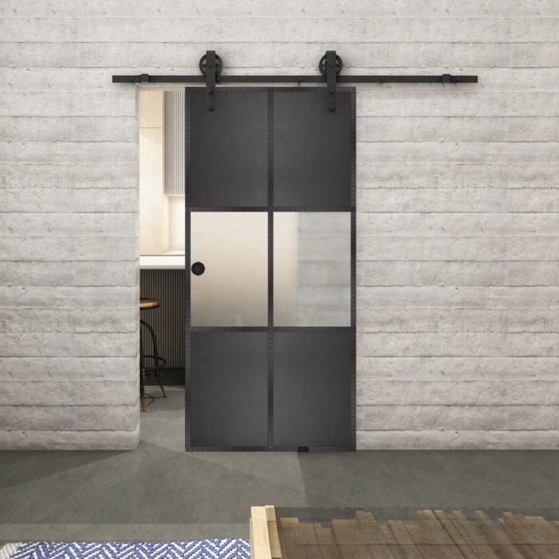 Glasschiebetür BARN-LINE Loft Schwarzeisen Genietet 30 Blickdicht Glasschiebetür BARN-LINE Loft Schwarzeisen Genietet 30 Blickdicht