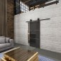 Glasschiebetür BARN-LINE Loft Rosteisen Genietet 03 Auf Grauglas Glasschiebetür BARN-LINE Loft Rosteisen Genietet 03 Auf Grauglas