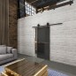 Glasschiebetür BARN-LINE Loft Rosteisen Genietet 04 Auf Grauglas Glasschiebetür BARN-LINE Loft Rosteisen Genietet 04 Auf Grauglas
