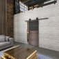 Glasschiebetür BARN-LINE Loft Rosteisen Genietet 13 Auf Grauglas Glasschiebetür BARN-LINE Loft Rosteisen Genietet 13 Auf Grauglas