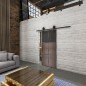 Glasschiebetür BARN-LINE Loft Rosteisen Genietet 19 Auf Grauglas Glasschiebetür BARN-LINE Loft Rosteisen Genietet 19 Auf Grauglas