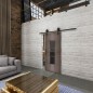 Glasschiebetür BARN-LINE Loft Rosteisen Genietet 34 Auf Grauglas Glasschiebetür BARN-LINE Loft Rosteisen Genietet 34 Auf Grauglas