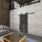 Glasschiebetür BARN-LINE Loft Schwarzeisen Genietet 22 Auf Grauglas Glasschiebetür BARN-LINE Loft Schwarzeisen Genietet 22 Auf Grauglas