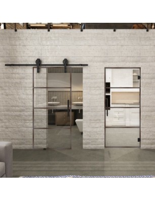 Glasschiebetür BARN-LINE Loft Rosteisen Genietet 02 Auf Klarglas