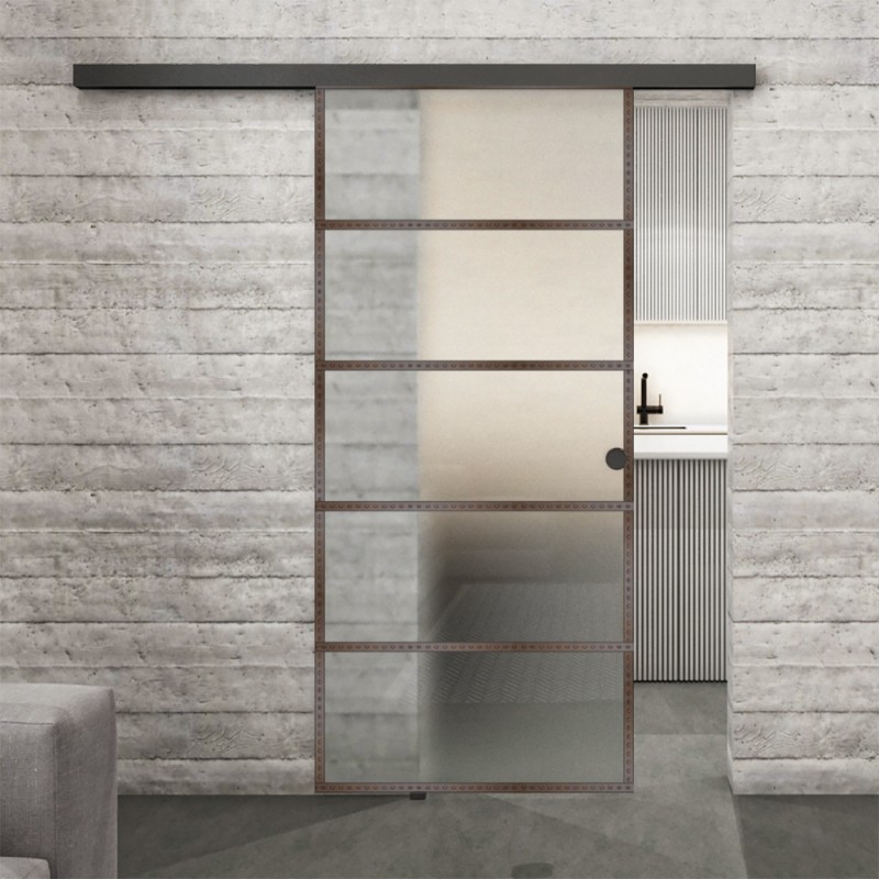 Glasschiebetür BLACK-LINE Loft Rosteisen Genietet 01 Blickdicht