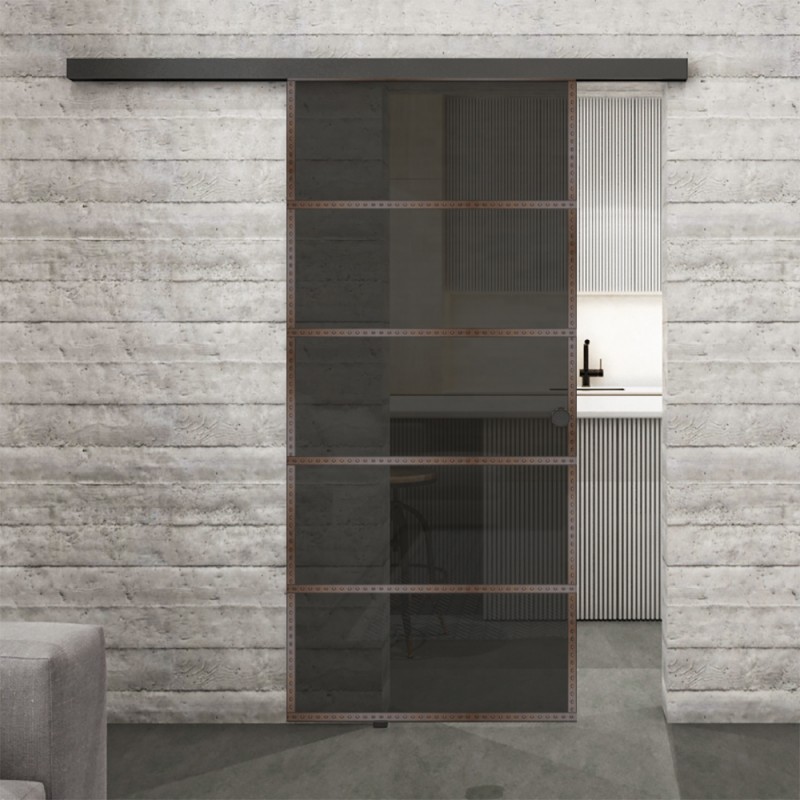 Glasschiebetür BLACK-LINE Loft Rosteisen Genietet 01 Auf Grauglas Glasschiebetür BLACK-LINE Loft Rosteisen Genietet 01 Auf Grauglas