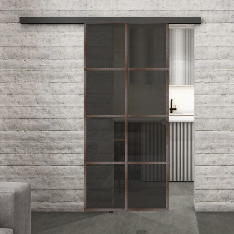 Glasschiebetür BLACK-LINE Loft Rosteisen Genietet 06 Auf Grauglas