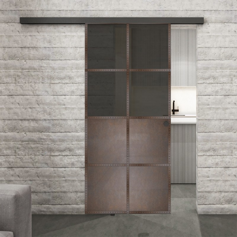 Glasschiebetür BLACK-LINE Loft Rosteisen Genietet 18 Auf Grauglas Glasschiebetür BLACK-LINE Loft Rosteisen Genietet 18 Auf Grauglas
