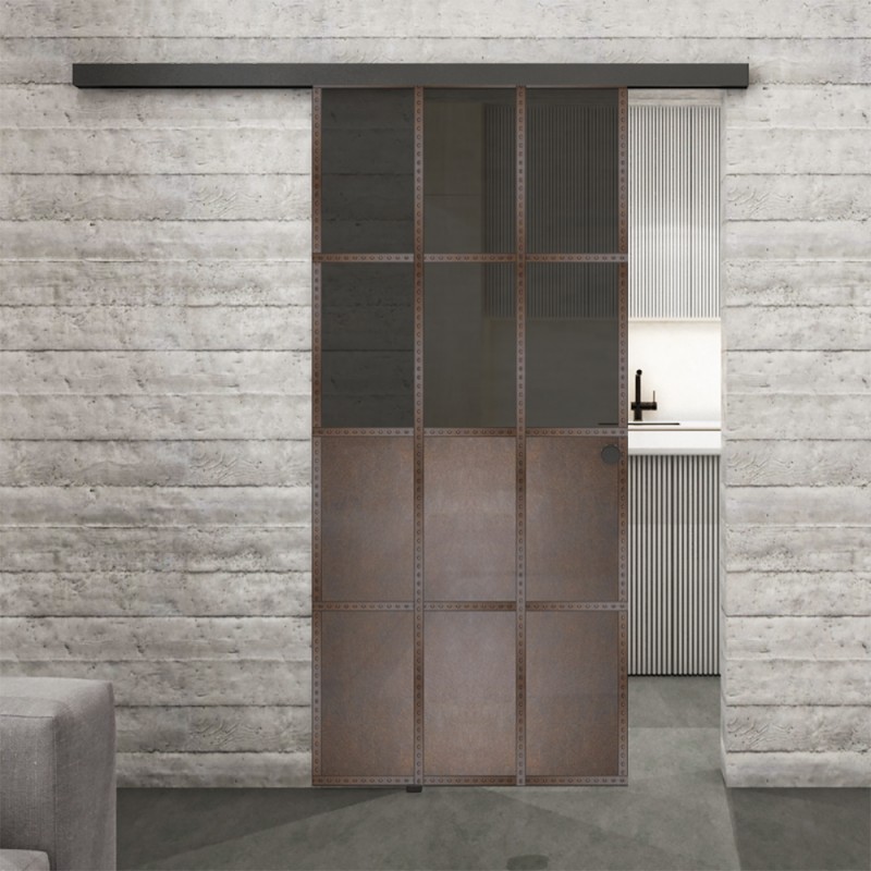 Glasschiebetür BLACK-LINE Loft Rosteisen Genietet 22 Auf Grauglas Glasschiebetür BLACK-LINE Loft Rosteisen Genietet 22 Auf Grauglas