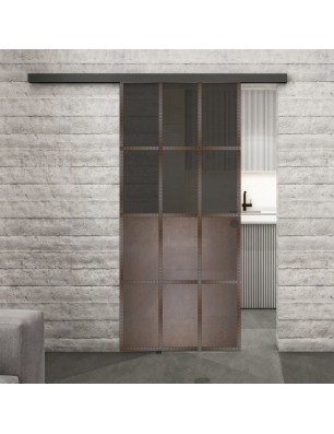 Glasschiebetür BLACK-LINE Loft Rosteisen Genietet 22 Auf Grauglas