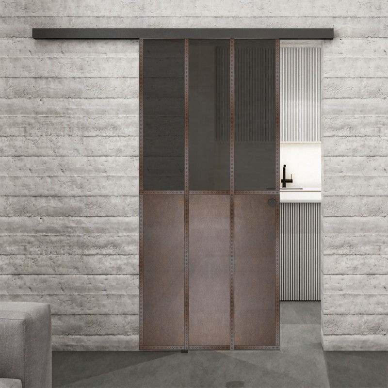 Glasschiebetür BLACK-LINE Loft Rosteisen Genietet 24 Auf Grauglas