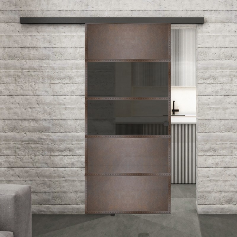 Glasschiebetür BLACK-LINE Loft Rosteisen Genietet 25 Auf Grauglas Glasschiebetür BLACK-LINE Loft Rosteisen Genietet 25 Auf Grauglas