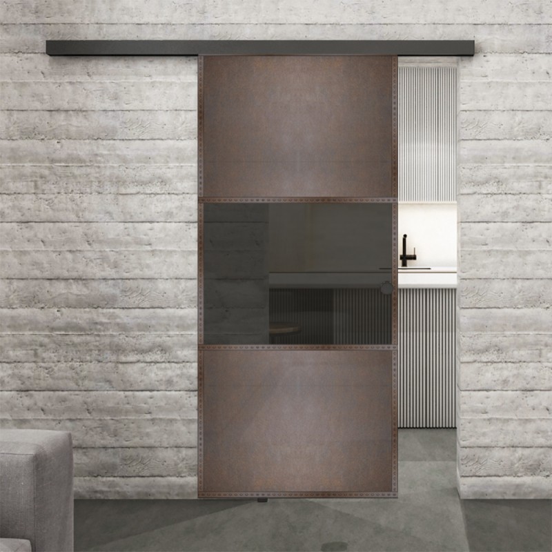 Glasschiebetür BLACK-LINE Loft Rosteisen Genietet 27 Auf Grauglas Glasschiebetür BLACK-LINE Loft Rosteisen Genietet 27 Auf Grauglas