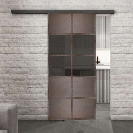 Glasschiebetür BLACK-LINE Loft Rosteisen Genietet 28 Auf Grauglas