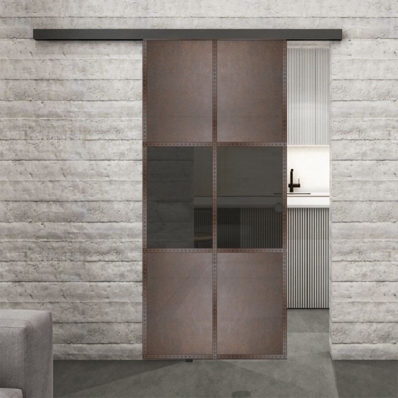 Glasschiebetür BLACK-LINE Loft Rosteisen Genietet 30 Auf Grauglas Glasschiebetür BLACK-LINE Loft Rosteisen Genietet 30 Auf Grauglas