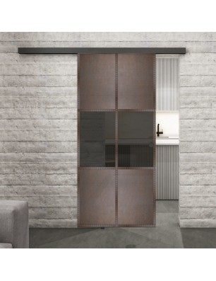 Glasschiebetür BLACK-LINE Loft Rosteisen Genietet 30 Auf Grauglas