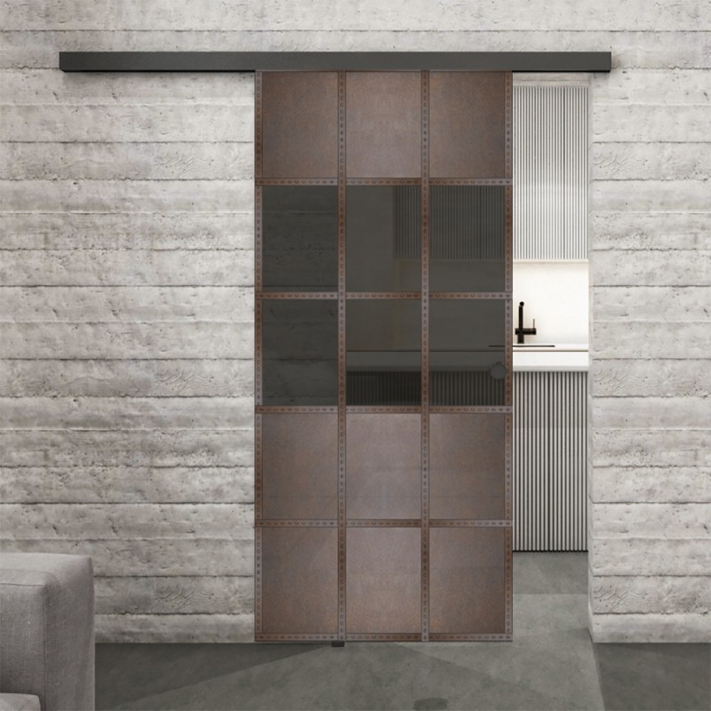 Glasschiebetür BLACK-LINE Loft Rosteisen Genietet 31 Auf Grauglas Glasschiebetür BLACK-LINE Loft Rosteisen Genietet 31 Auf Grauglas