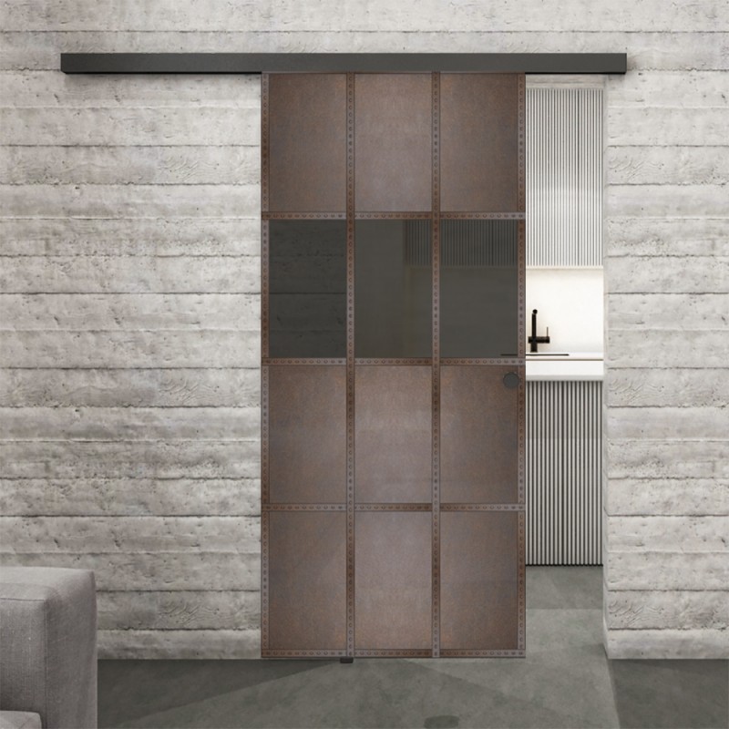Glasschiebetür BLACK-LINE Loft Rosteisen Genietet 32 Auf Grauglas Glasschiebetür BLACK-LINE Loft Rosteisen Genietet 32 Auf Grauglas
