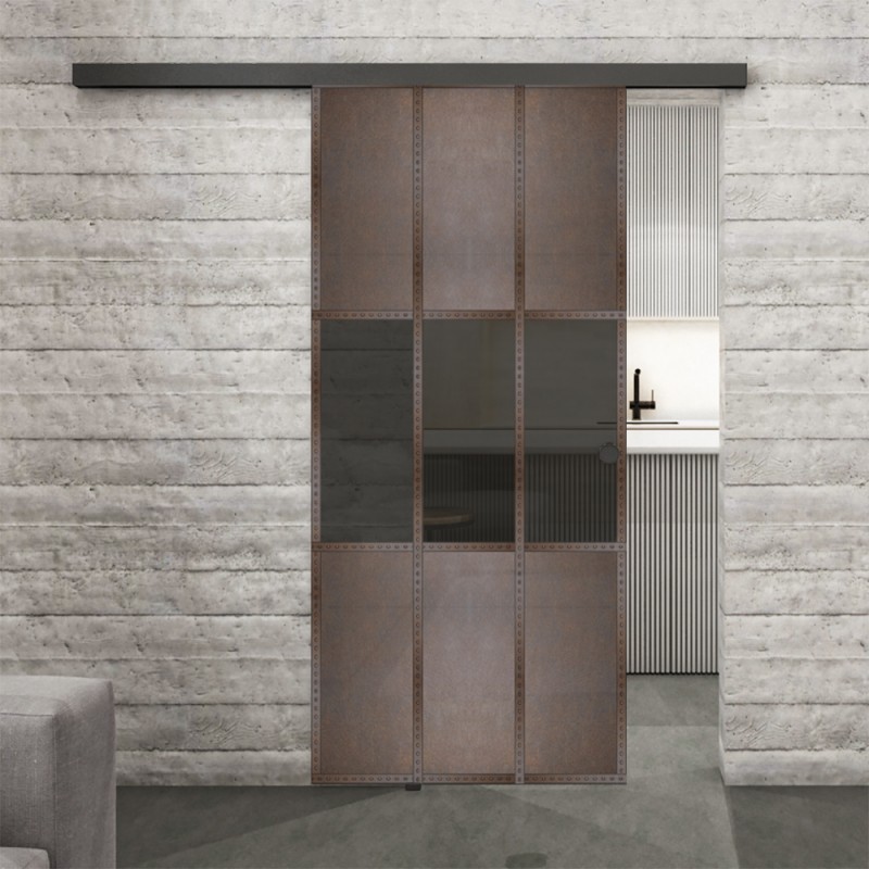 Glasschiebetür BLACK-LINE Loft Rosteisen Genietet 33 Auf Grauglas Glasschiebetür BLACK-LINE Loft Rosteisen Genietet 33 Auf Grauglas