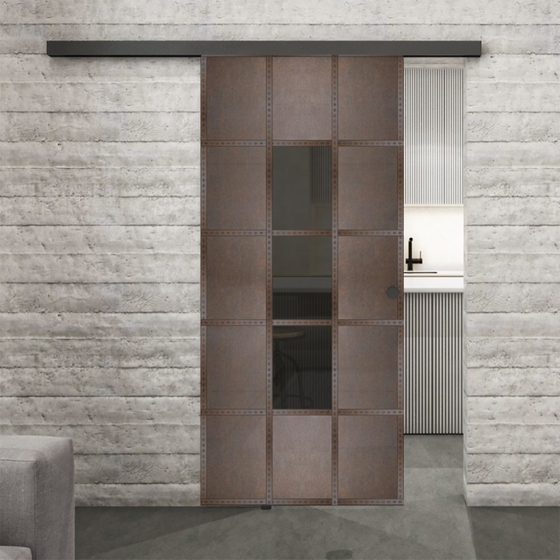 Glasschiebetür BLACK-LINE Loft Rosteisen Genietet 34 Auf Grauglas Glasschiebetür BLACK-LINE Loft Rosteisen Genietet 34 Auf Grauglas
