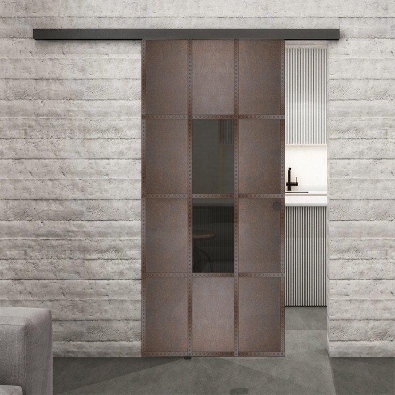 Glasschiebetür BLACK-LINE Loft Rosteisen Genietet 35 Auf Grauglas Glasschiebetür BLACK-LINE Loft Rosteisen Genietet 35 Auf Grauglas