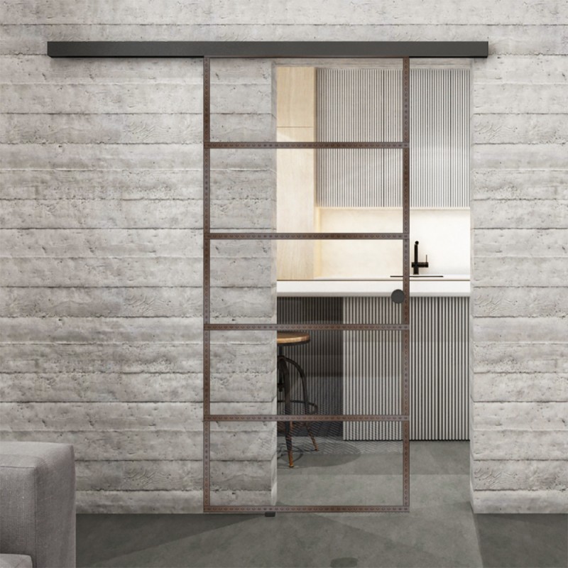 Glasschiebetür BLACK-LINE Loft Rosteisen Genietet 01 Auf Klarglas Glasschiebetür BLACK-LINE Loft Rosteisen Genietet 01 Auf Klarglas