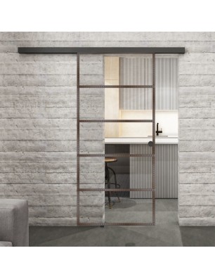 Glasschiebetür BLACK-LINE Loft Rosteisen Genietet 01 Auf Klarglas