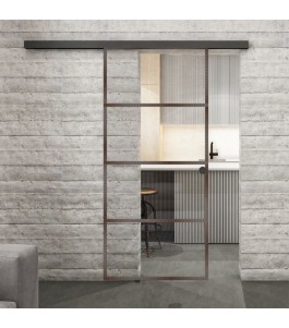 Glasschiebetür BLACK-LINE Loft Rosteisen Genietet 02 Auf Klarglas
