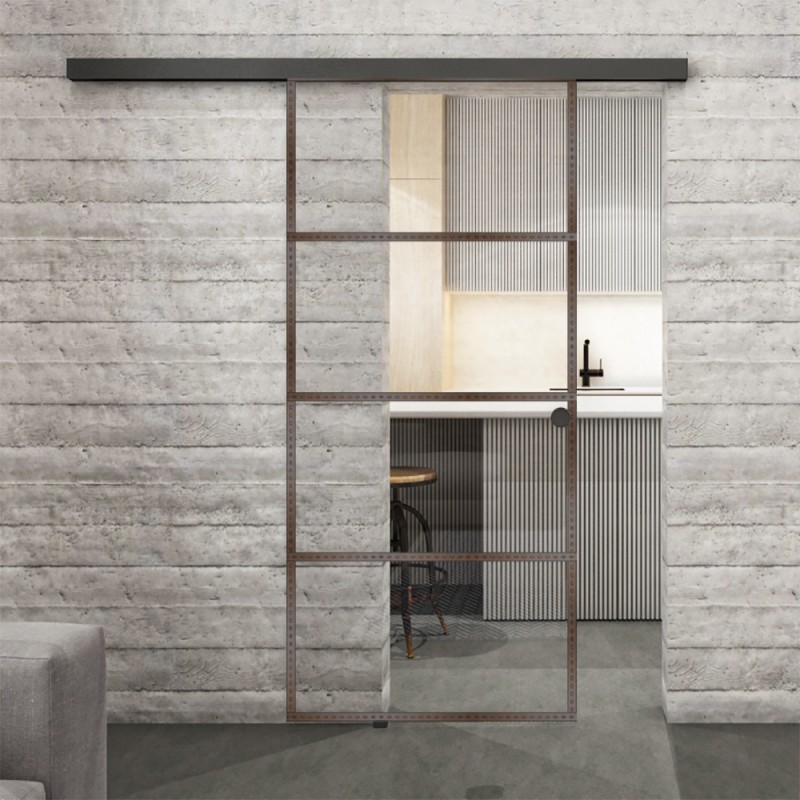 Glasschiebetür BLACK-LINE Loft Rosteisen Genietet 02 Auf Klarglas Glasschiebetür BLACK-LINE Loft Rosteisen Genietet 02 Auf Klarglas