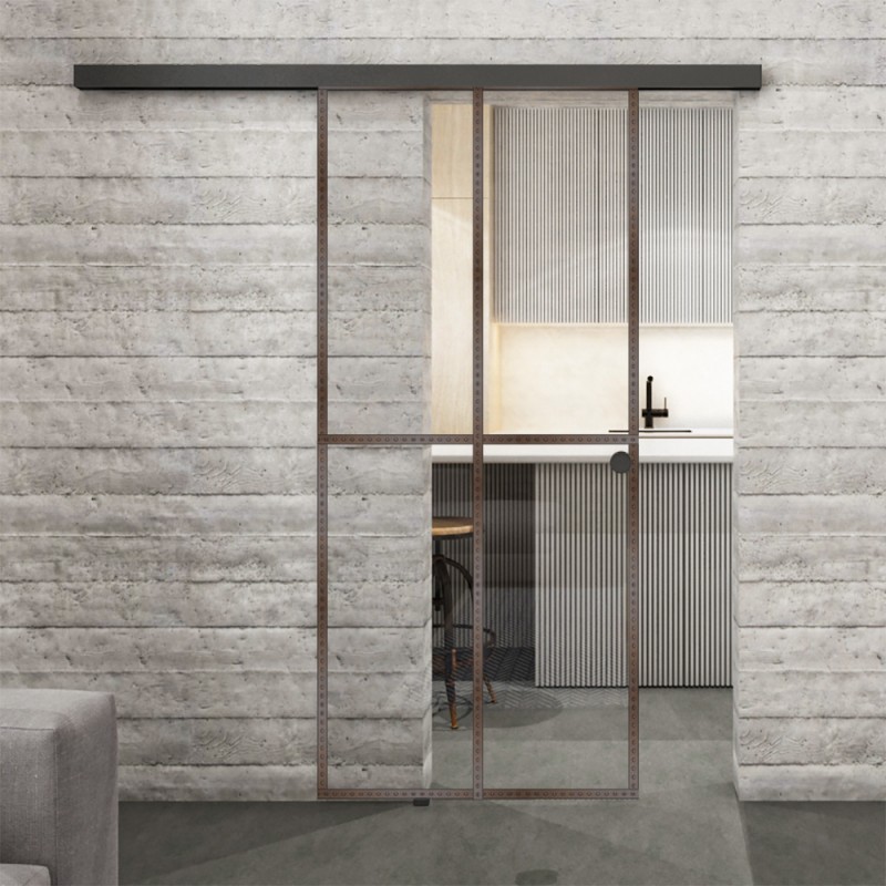 Glasschiebetür BLACK-LINE Loft Rosteisen Genietet 08 Auf Klarglas Glasschiebetür BLACK-LINE Loft Rosteisen Genietet 08 Auf Klarglas