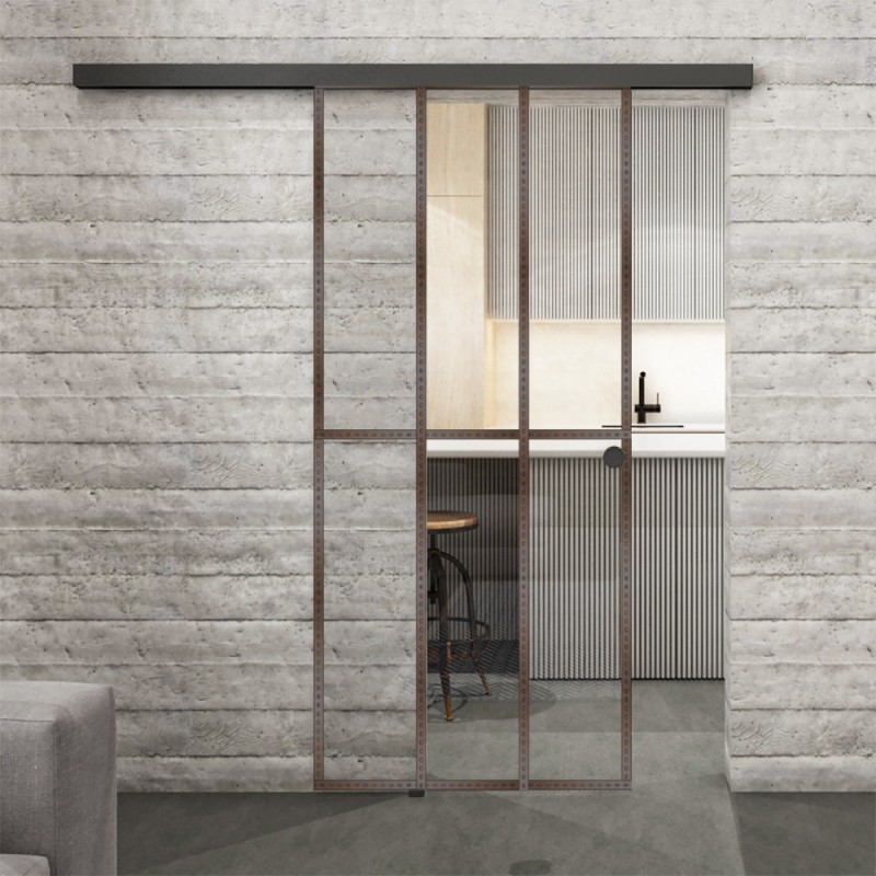 Glasschiebetür BLACK-LINE Loft Rosteisen Genietet 12 Auf Klarglas