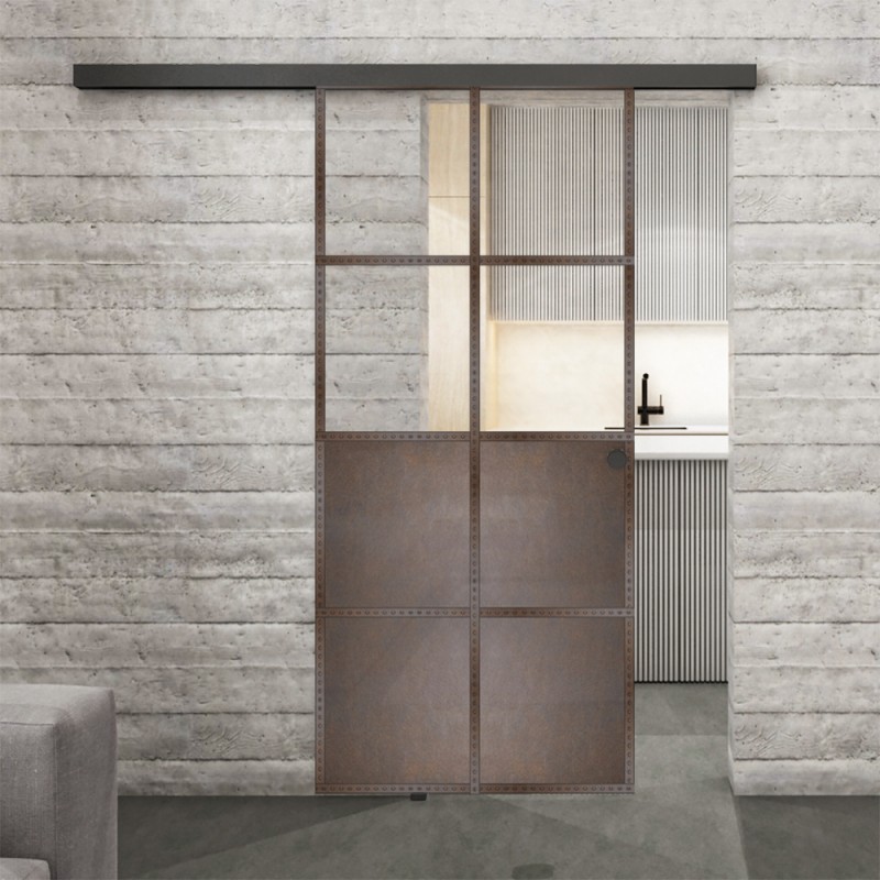Glasschiebetür BLACK-LINE Loft Rosteisen Genietet 18 Auf Klarglas Glasschiebetür BLACK-LINE Loft Rosteisen Genietet 18 Auf Klarglas