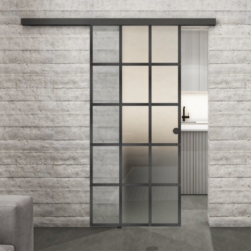 Glasschiebetür BLACK-LINE Loft Schwarzeisen Genietet 09 Blickdicht Glasschiebetür BLACK-LINE Loft Schwarzeisen Genietet 09 Blickdicht