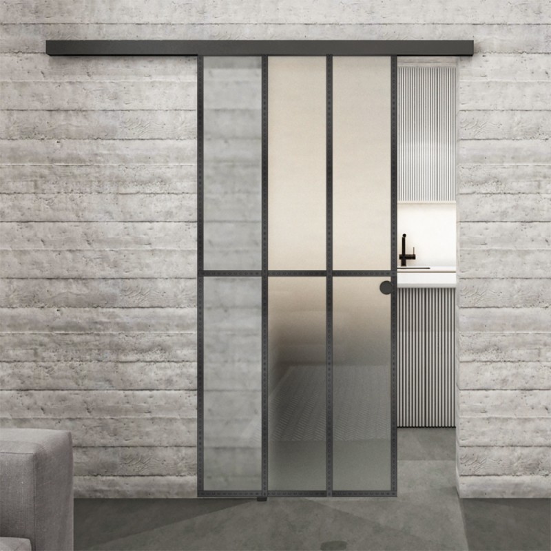 Glasschiebetür BLACK-LINE Loft Schwarzeisen Genietet 12 Blickdicht