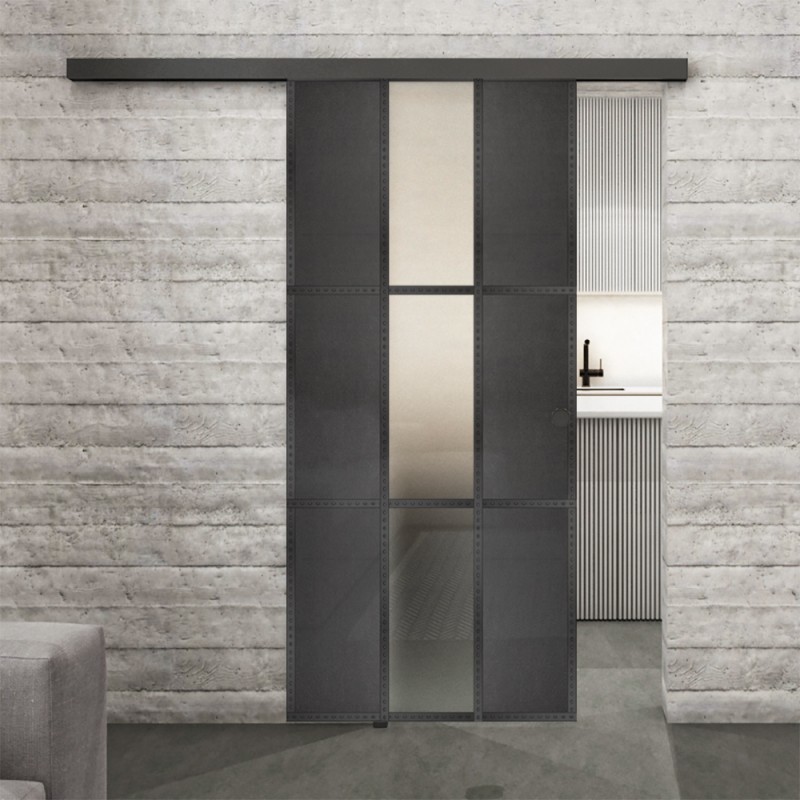 Glasschiebetür BLACK-LINE Loft Schwarzeisen Genietet 36 Blickdicht