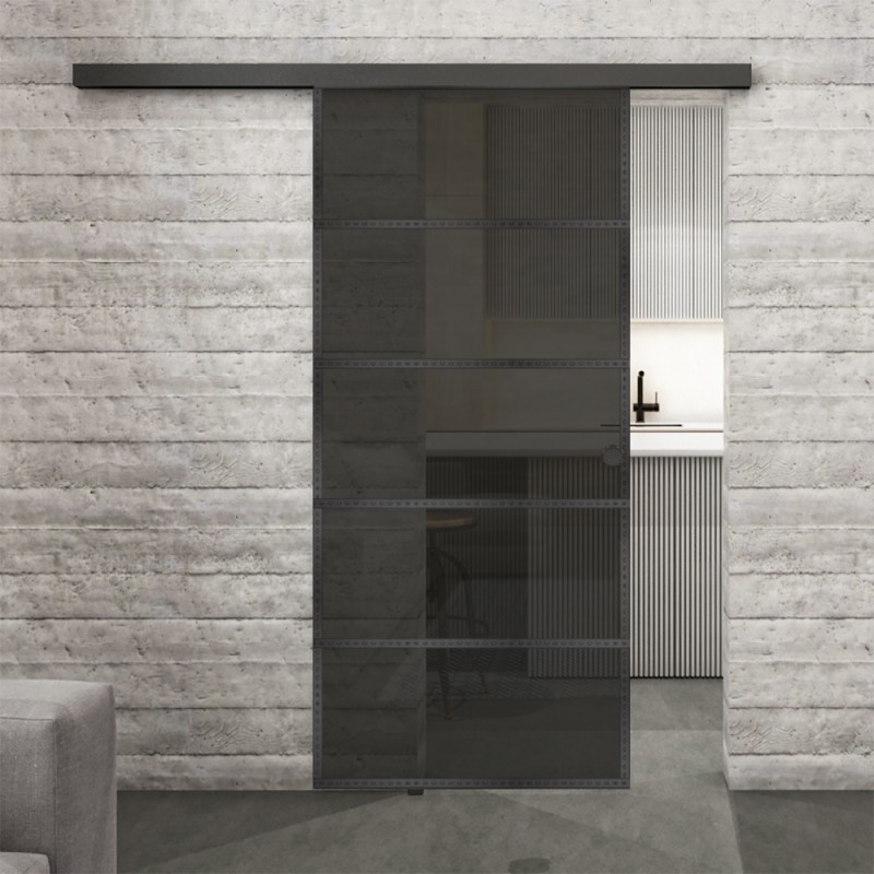 Glasschiebetür BLACK-LINE Loft Schwarzeisen Genietet 01 Auf Grauglas