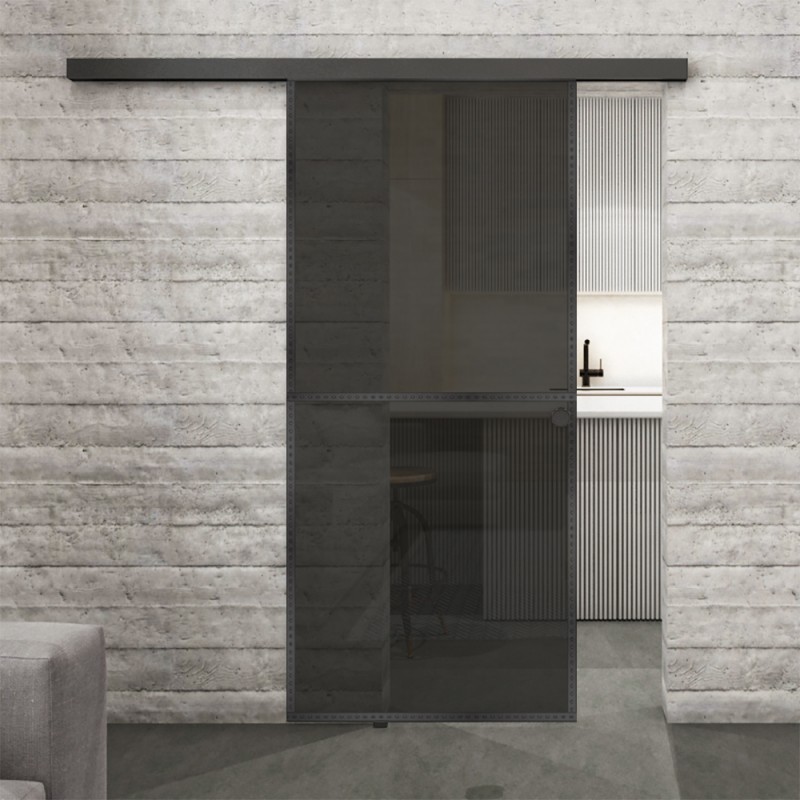 Glasschiebetür BLACK-LINE Loft Schwarzeisen Genietet 04 Auf Grauglas Glasschiebetür BLACK-LINE Loft Schwarzeisen Genietet 04 Auf Grauglas
