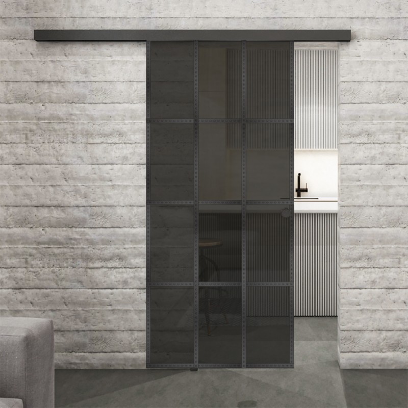 Glasschiebetür BLACK-LINE Loft Schwarzeisen Genietet 10 Auf Grauglas Glasschiebetür BLACK-LINE Loft Schwarzeisen Genietet 10 Auf Grauglas