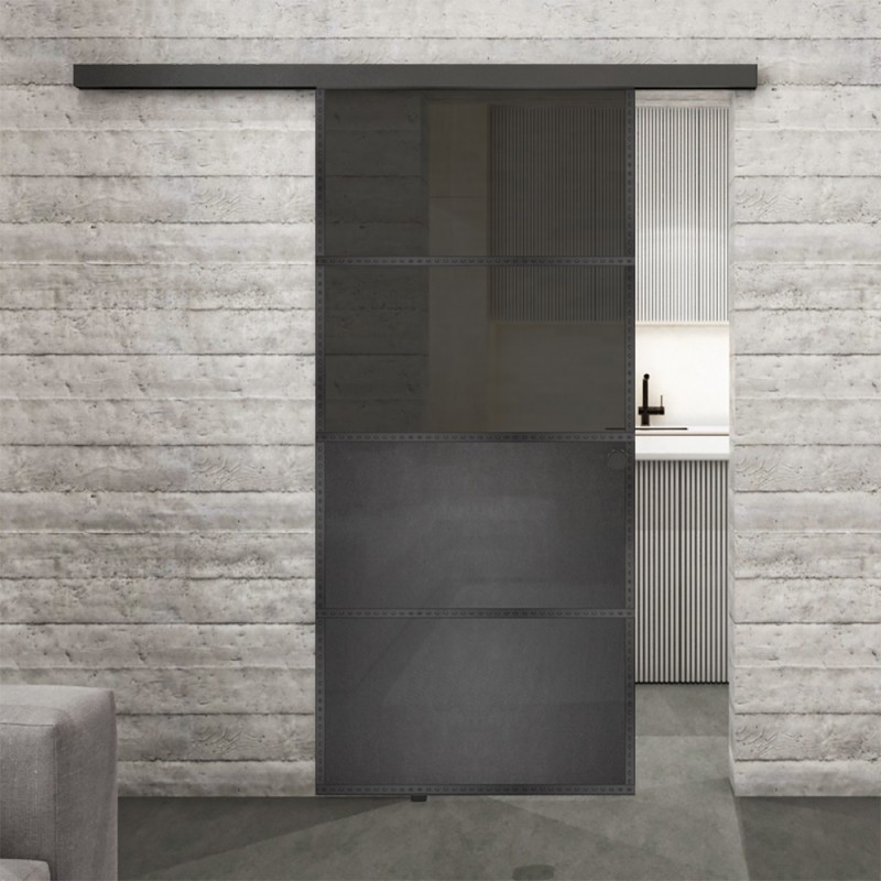Glasschiebetür BLACK-LINE Loft Schwarzeisen Genietet 14 Auf Grauglas