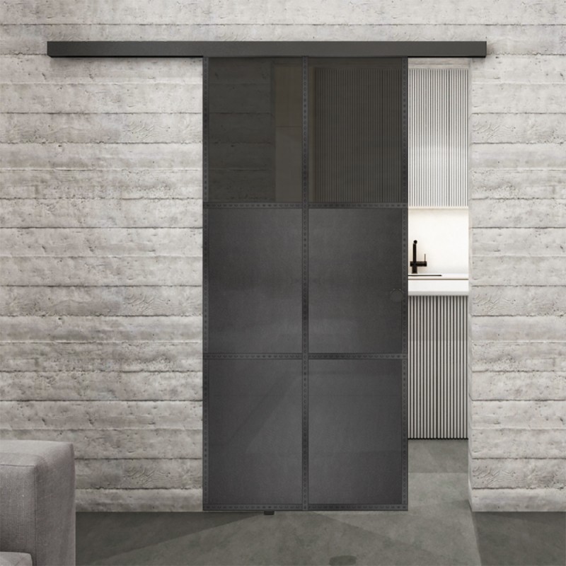 Glasschiebetür BLACK-LINE Loft Schwarzeisen Genietet 19 Auf Grauglas