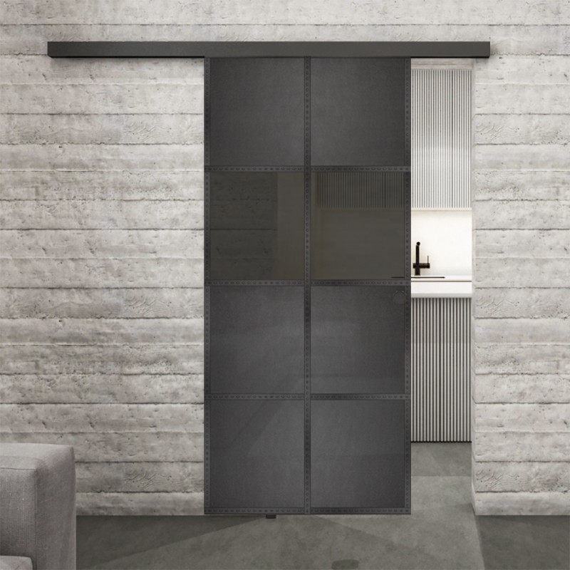 Glasschiebetür BLACK-LINE Loft Schwarzeisen Genietet 29 Auf Grauglas Glasschiebetür BLACK-LINE Loft Schwarzeisen Genietet 29 Auf Grauglas