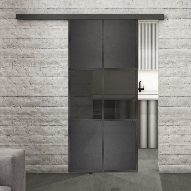 Glasschiebetür BLACK-LINE Loft Schwarzeisen Genietet 30 Auf Grauglas Glasschiebetür BLACK-LINE Loft Schwarzeisen Genietet 30 Auf Grauglas