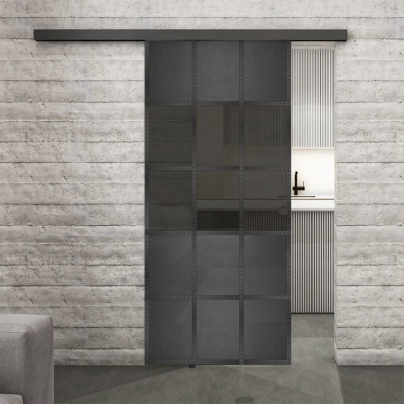Glasschiebetür BLACK-LINE Loft Schwarzeisen Genietet 31 Auf Grauglas Glasschiebetür BLACK-LINE Loft Schwarzeisen Genietet 31 Auf Grauglas